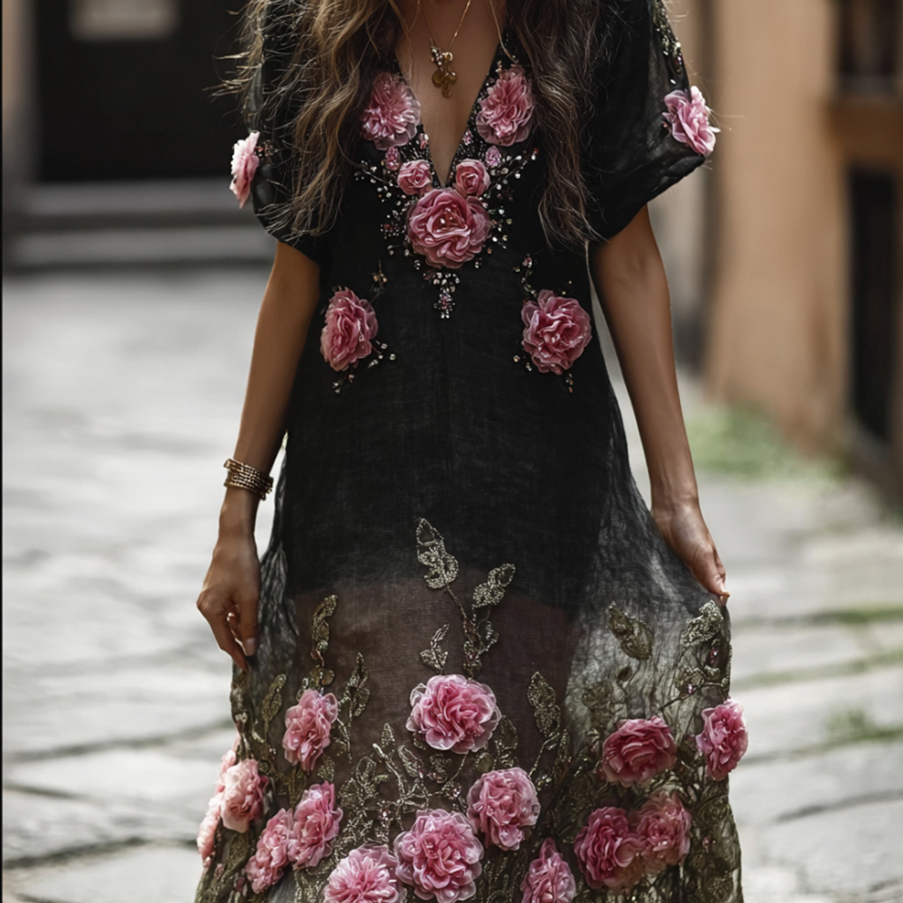 Bohemian Three-dimensional Embroidery Flower Black Short-sleeved Long Dress