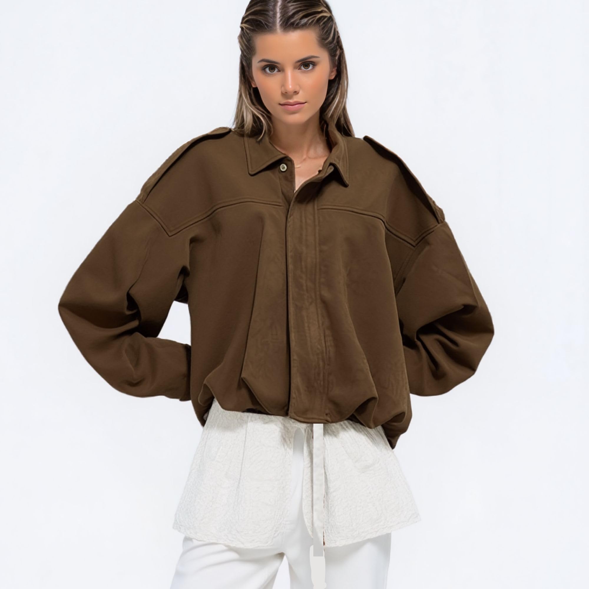 Xunger Women's Faux Suede Bomber Jacket Spring Lapel Pilot Coat Casual Oversized Long Sleeves Trendy Streetwear Outerwear