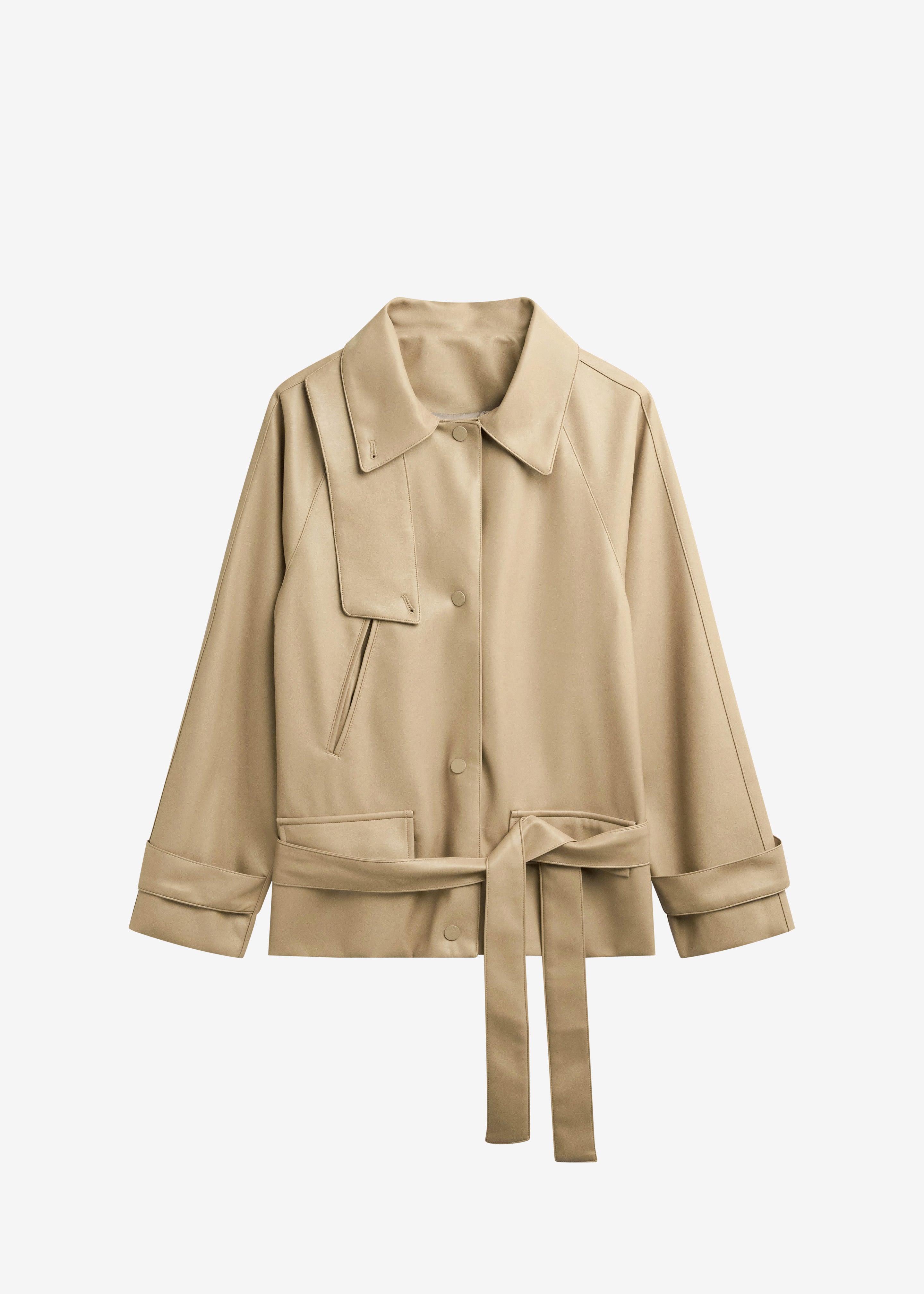Viran Faux Leather Belted Jacket - Beige