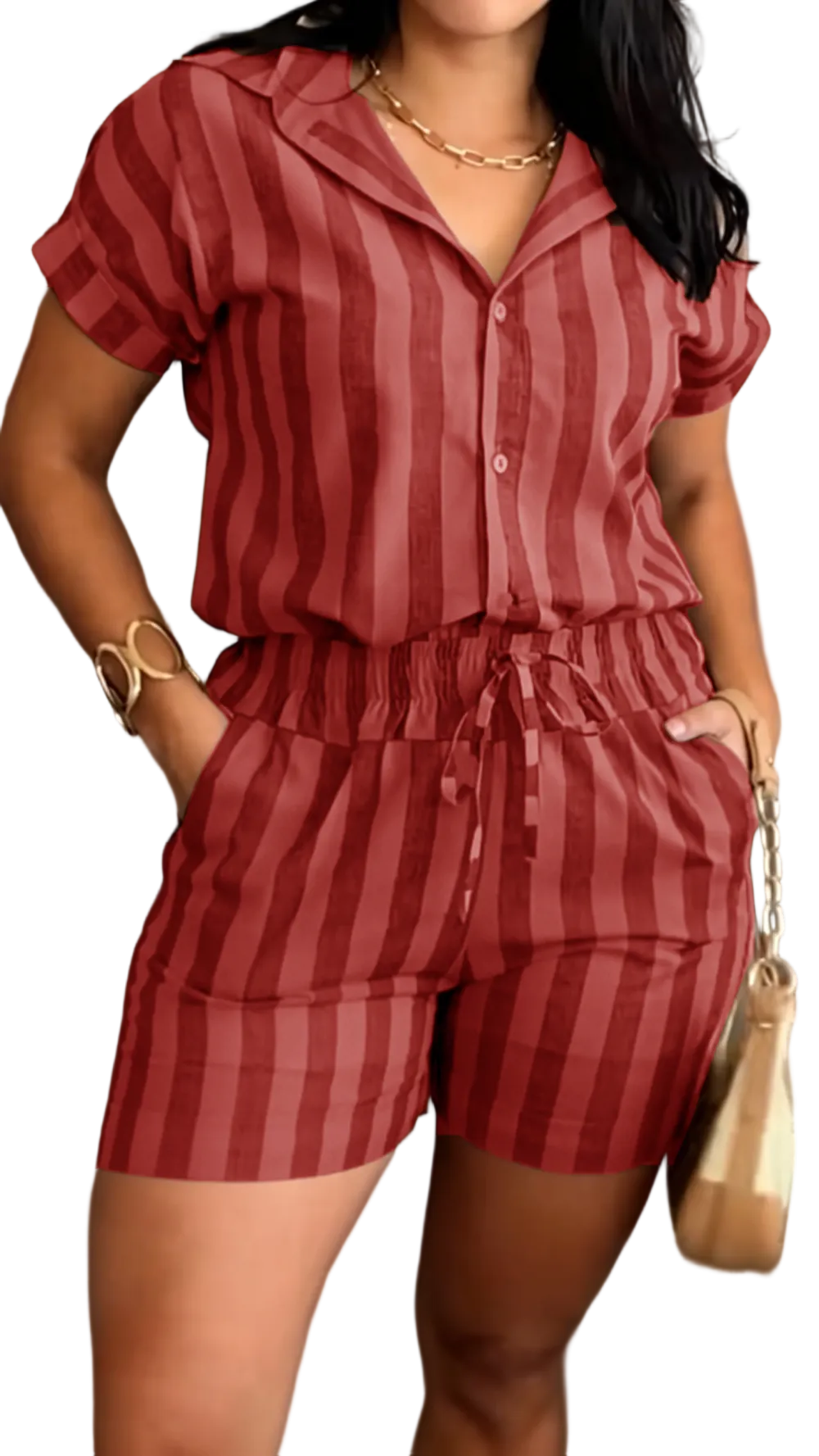 Women's Cotton Linen Striped Short Sleeve & Shorts Casual Set