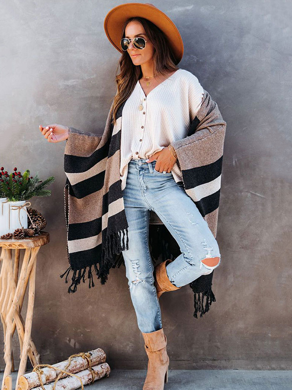 Original Striped Tasseled Shawl&Cloak