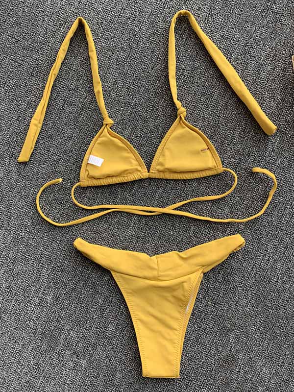 Solid Color Bandage Triangles Split Bikini Swimsuit