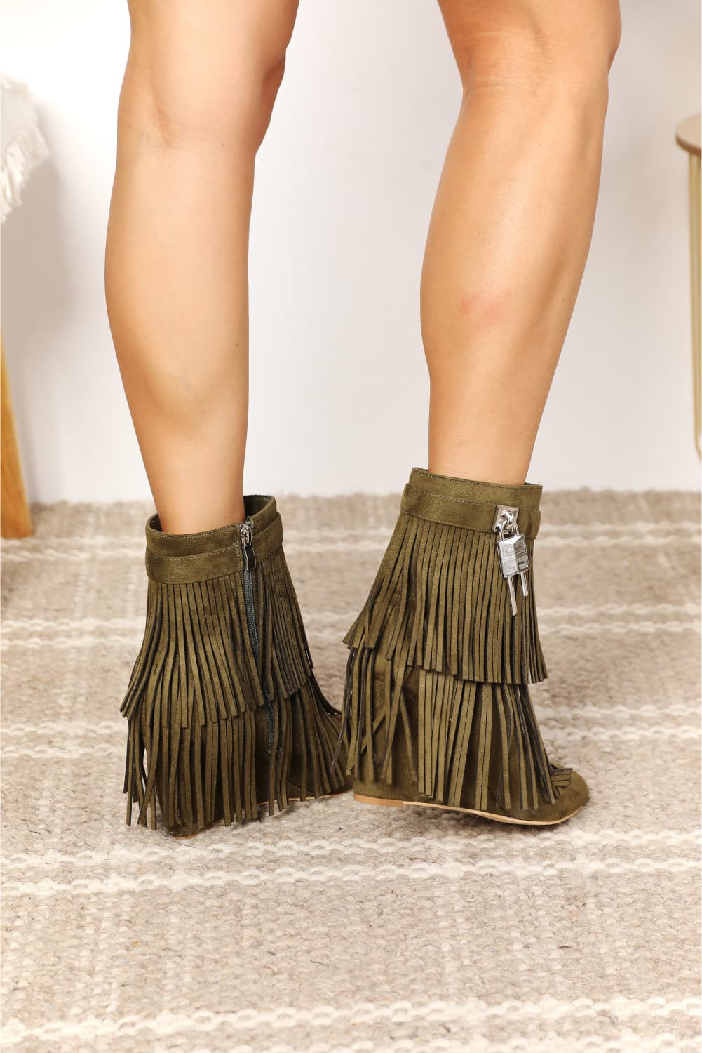 Desert Sunset Tassel Wedge Heel Ankle Booties in Olive
