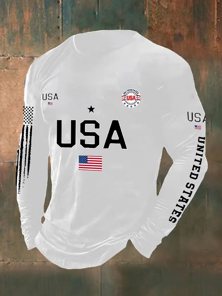 Men'S Retro American Flag Independence Day 250Th Anniversary Commemorative Edition Classic Printed Long Sleeve