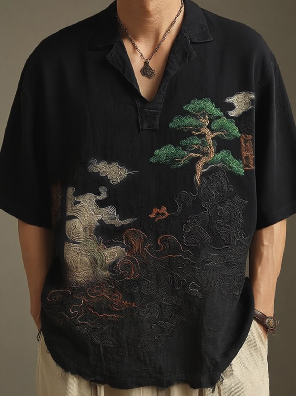 Men's Retro Landscape Embroidery Casual Lapel Short Sleeve Shirt