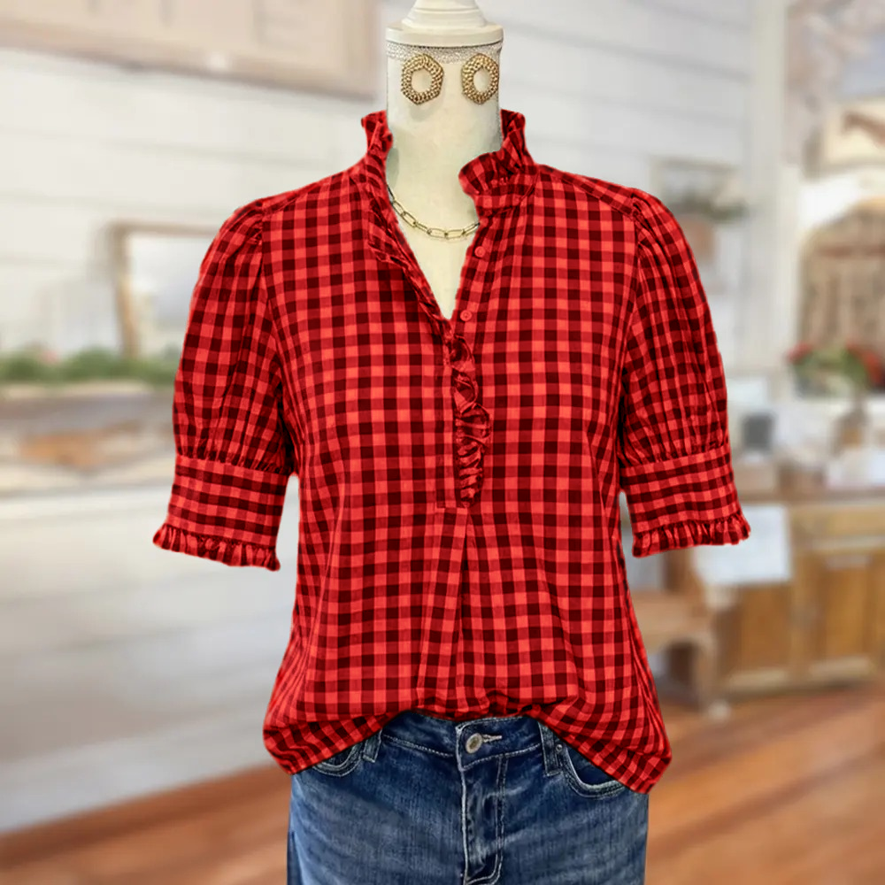 🌿 Women's Vintage Gingham Puff Sleeve Blouse