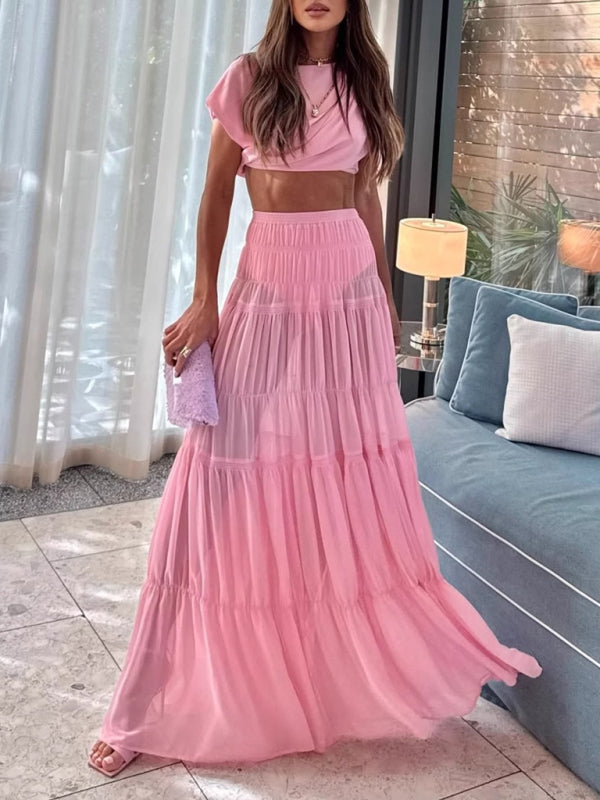 Pleated See-through Maxi Pink Skirt (with safety pants)