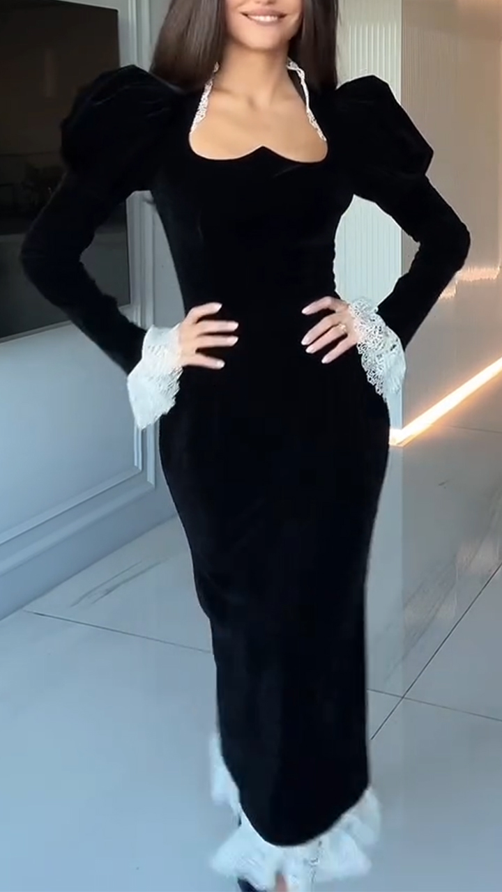 Ladies Patchwork Lace Printed Slim Fit Elegant Temperament Dress