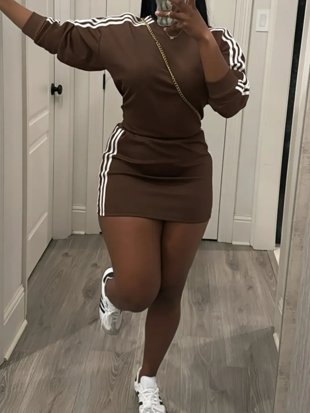 Women's Sporty Fitted Short Dress Set, Sportswear Set, Long Sleeve Slim Fit Casual Two-Piece