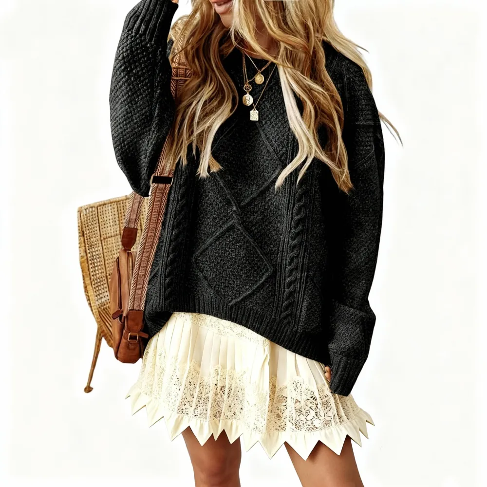 2025 Women's Cable Knit Lace Mini Sweater Dress 2PC