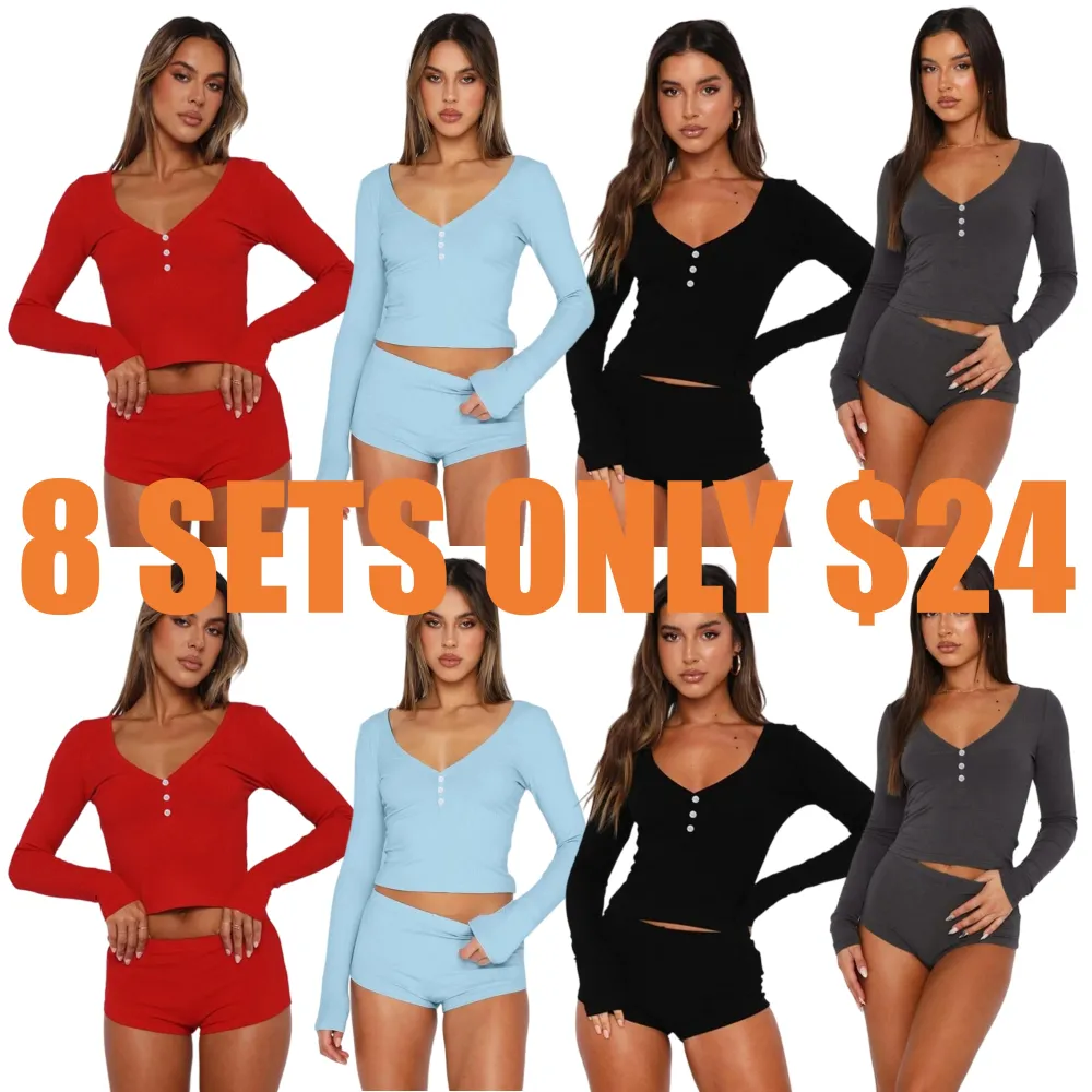 Women's Solid Long Sleeve Crop Top & High Waist Shorts Set