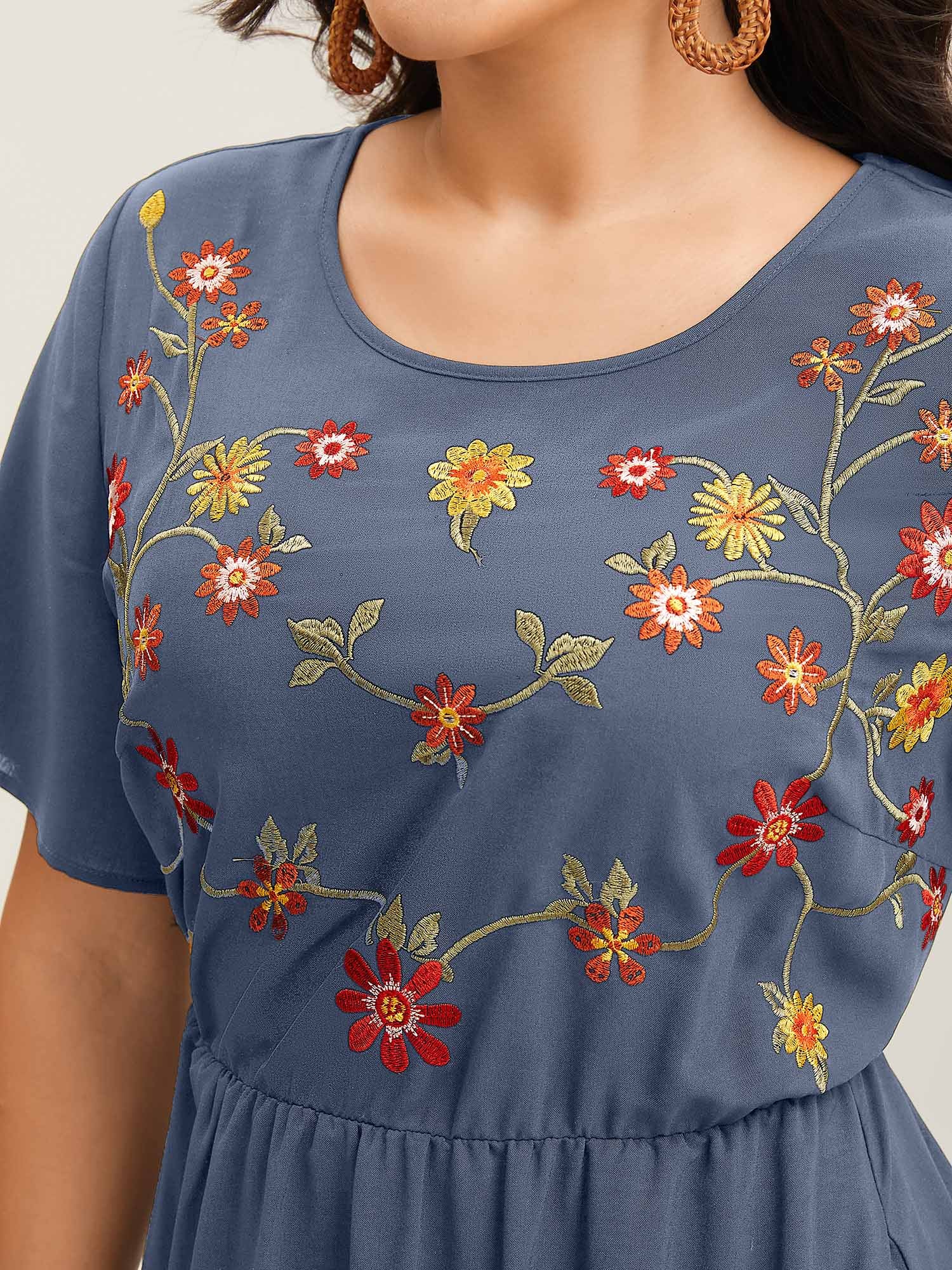 Floral Embroidered Waist-Cinched Midi Dress