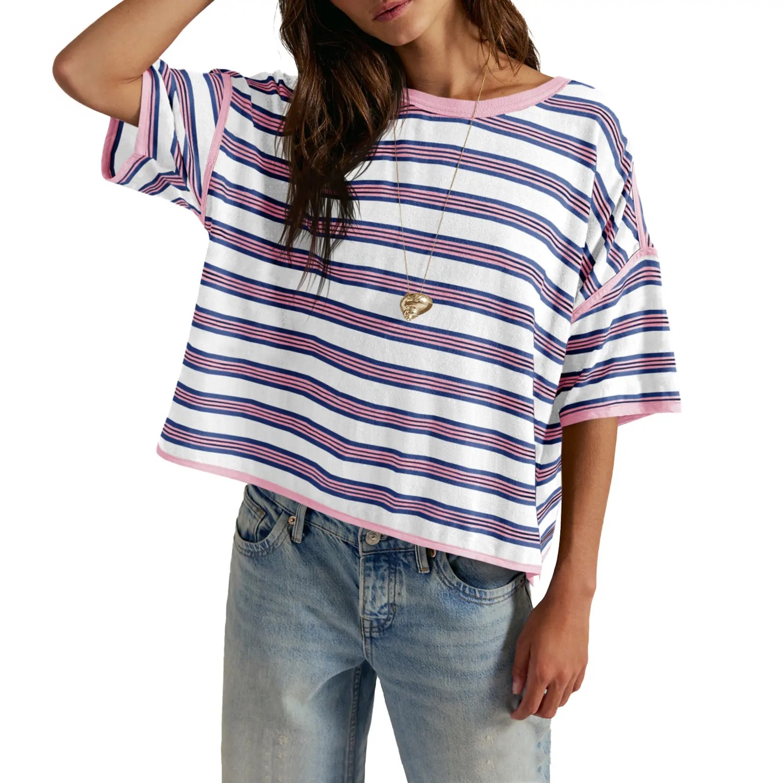 🎨🎨🎨Women's Striped Oversized Crewneck T-Shirt