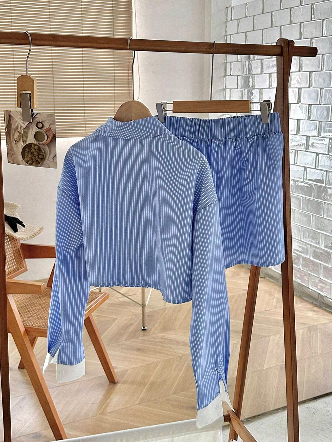 Women's Striped Print Button Front Shirt & Shorts Two-Piece Set