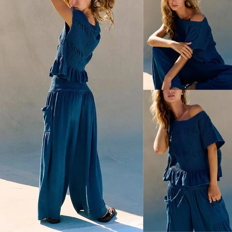 Womens 2 Piece Smocked Top Wide-Leg Pants Set