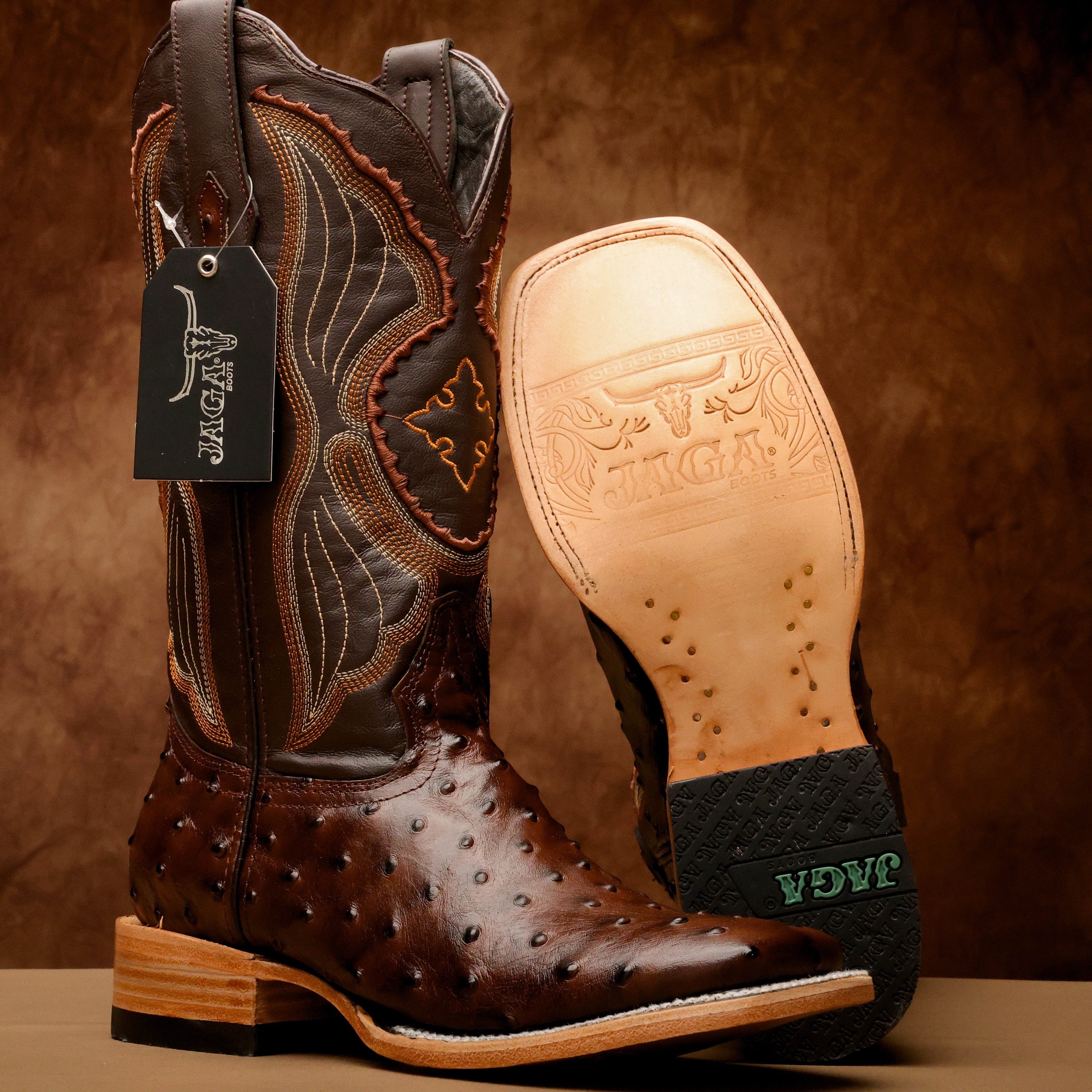 Chocolate Brown Ostrich Leather Boots - Square Toe