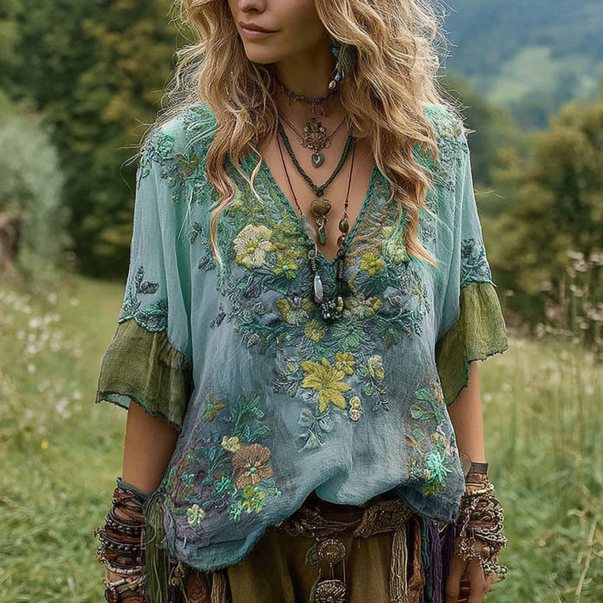 Women's Vintage Floral Embroidery Art V Neck Linen T-shirt