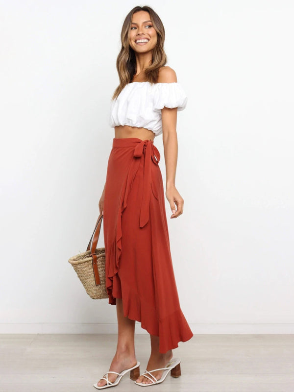 Waist Tie Solid Color Irregular Midi Flare Skirt