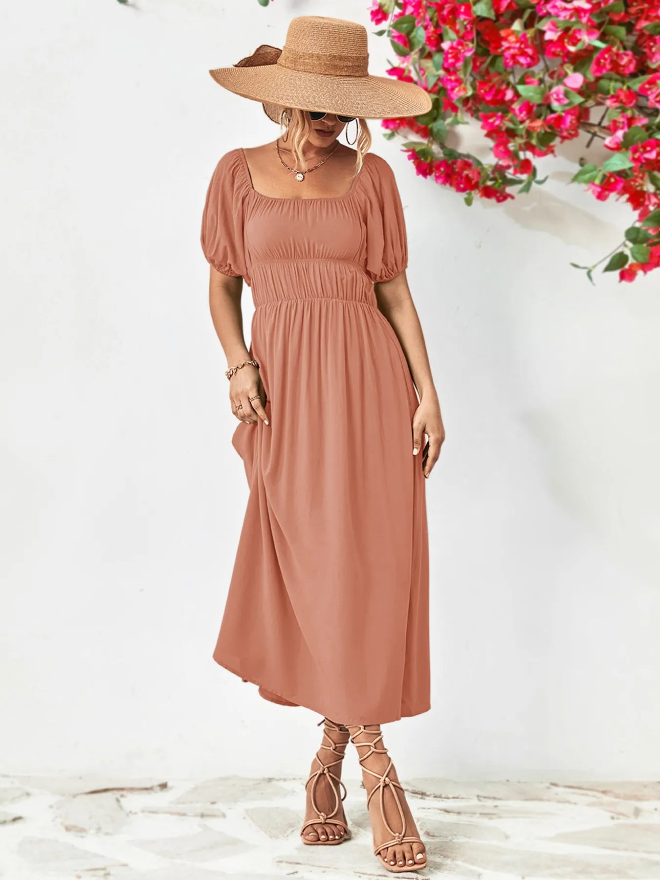 Off-Shoulder Puff Sleeve Smocked Maxi Dress