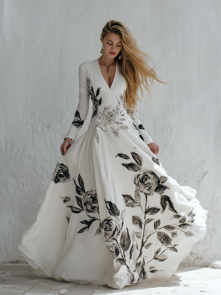 Women's Vintage Floral Art V-neck Long Sleeve Maxi Dress