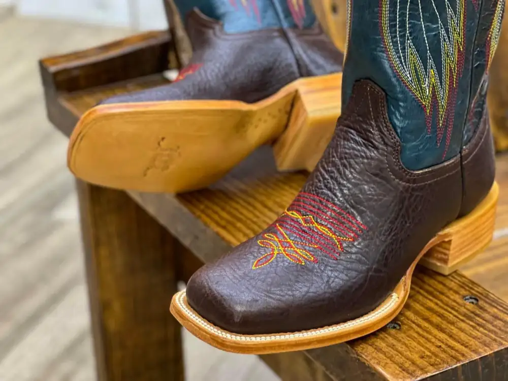 Men’s Brown Shoulder Leather Boots With Navy Blue Shaft