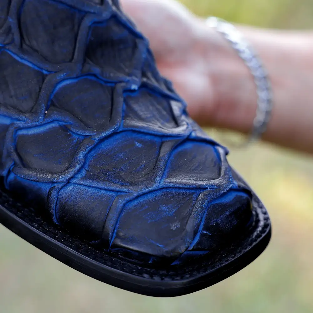 Matte Rustic Electric Blue Pirarucu Leather Boots - Square Toe