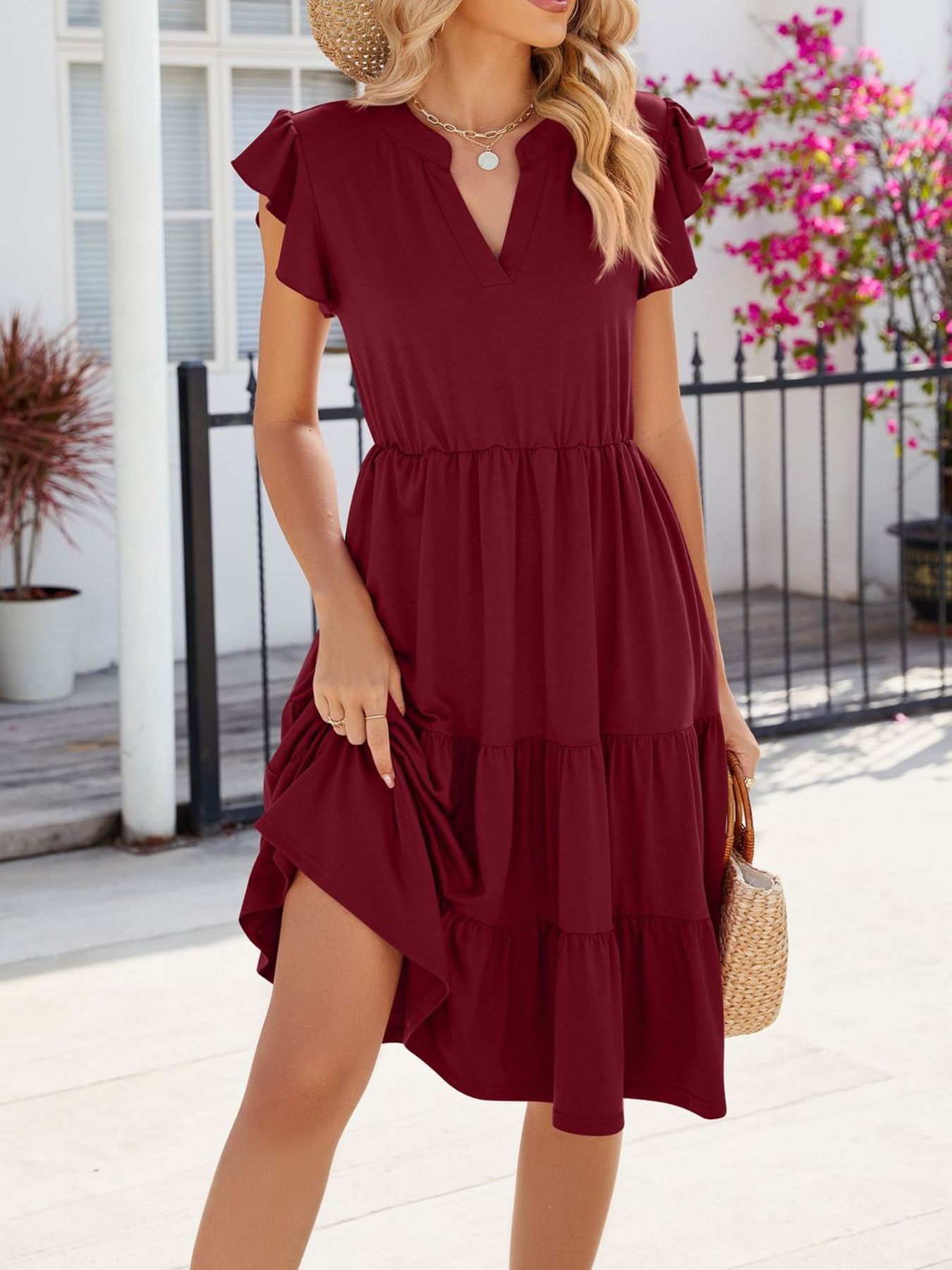 Ruffled Notched Tiered Midi Dress