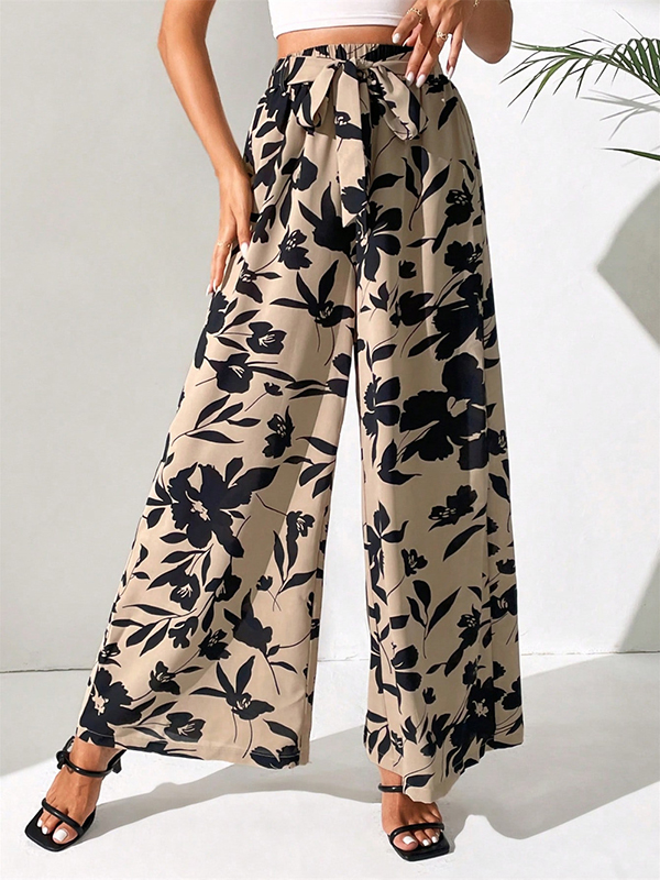 Elasticity Flower Print Tied Waist High Waisted Loose Trousers Pants