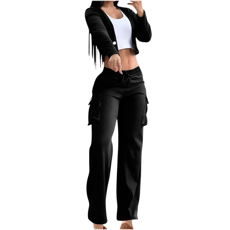 2 Piece Set for Women Casual Suit Cardigan Button with Pocket