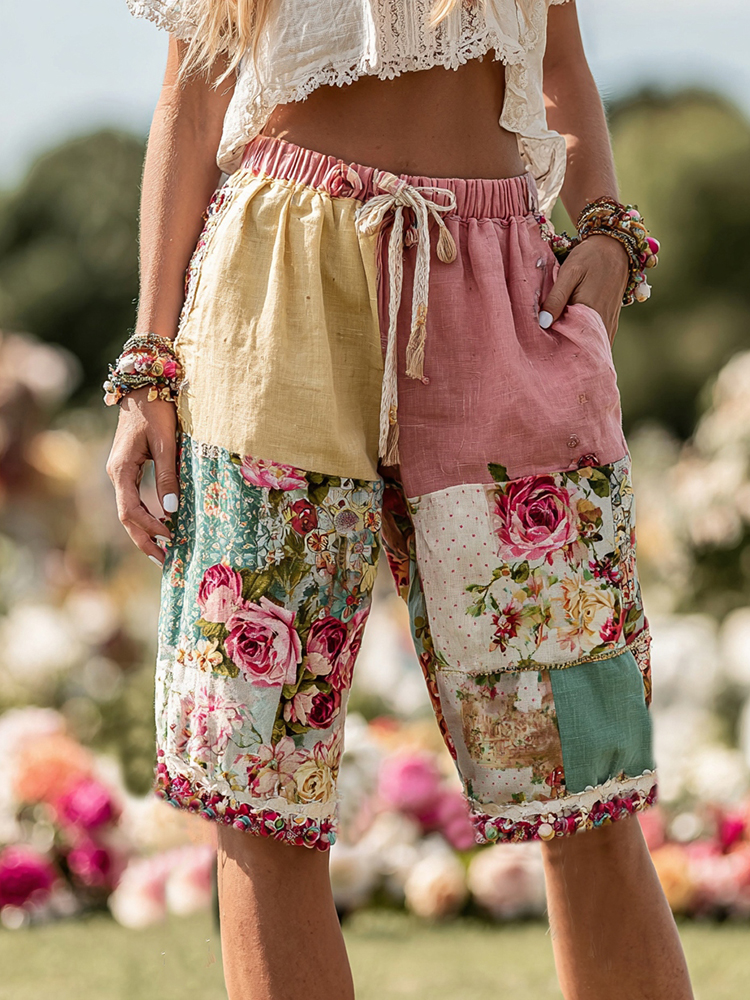 Women's Bohemian Patchwork Rose Contrast Belt Pocket Shorts