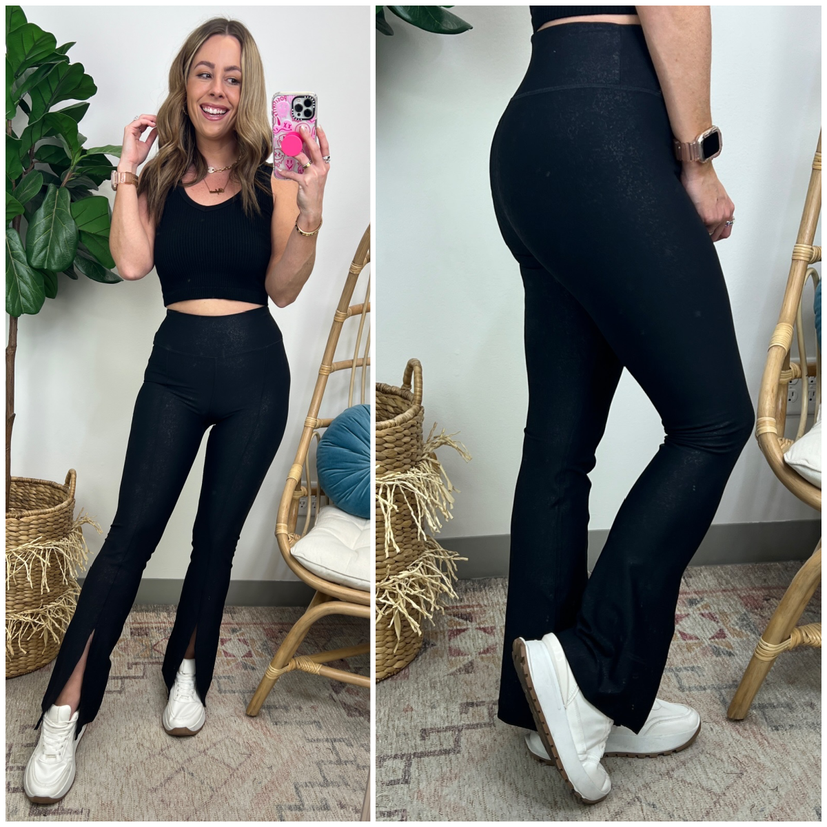 High Waist Faux Leather Slit Flare Leggings