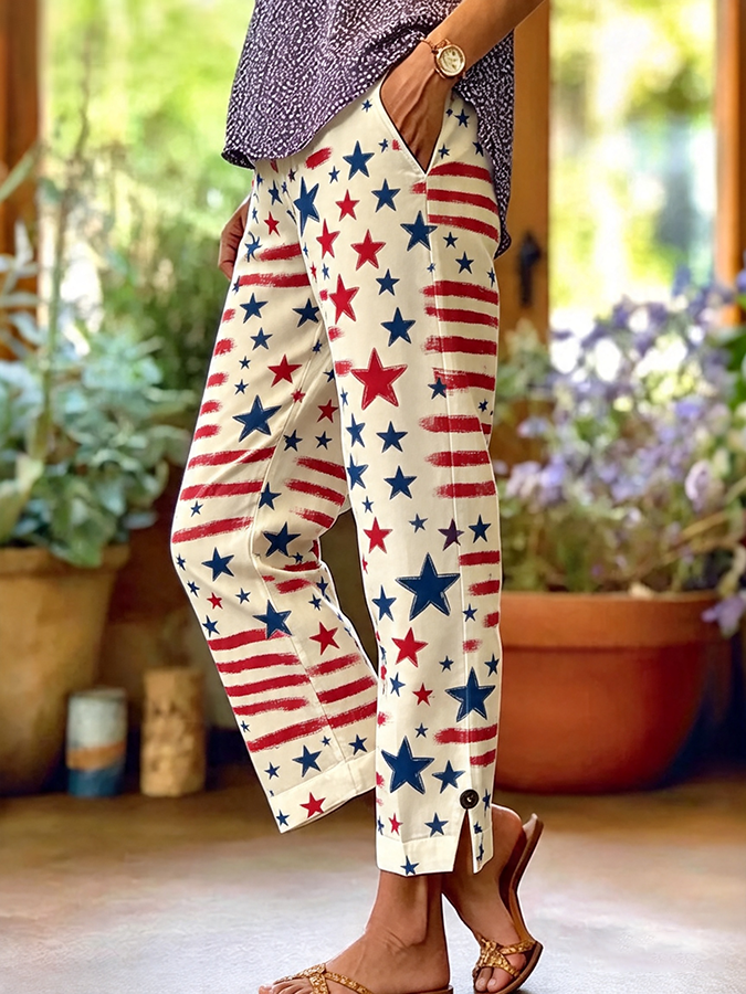 Women's Retro Pentagram Cotton Linen Printed Casual Pants