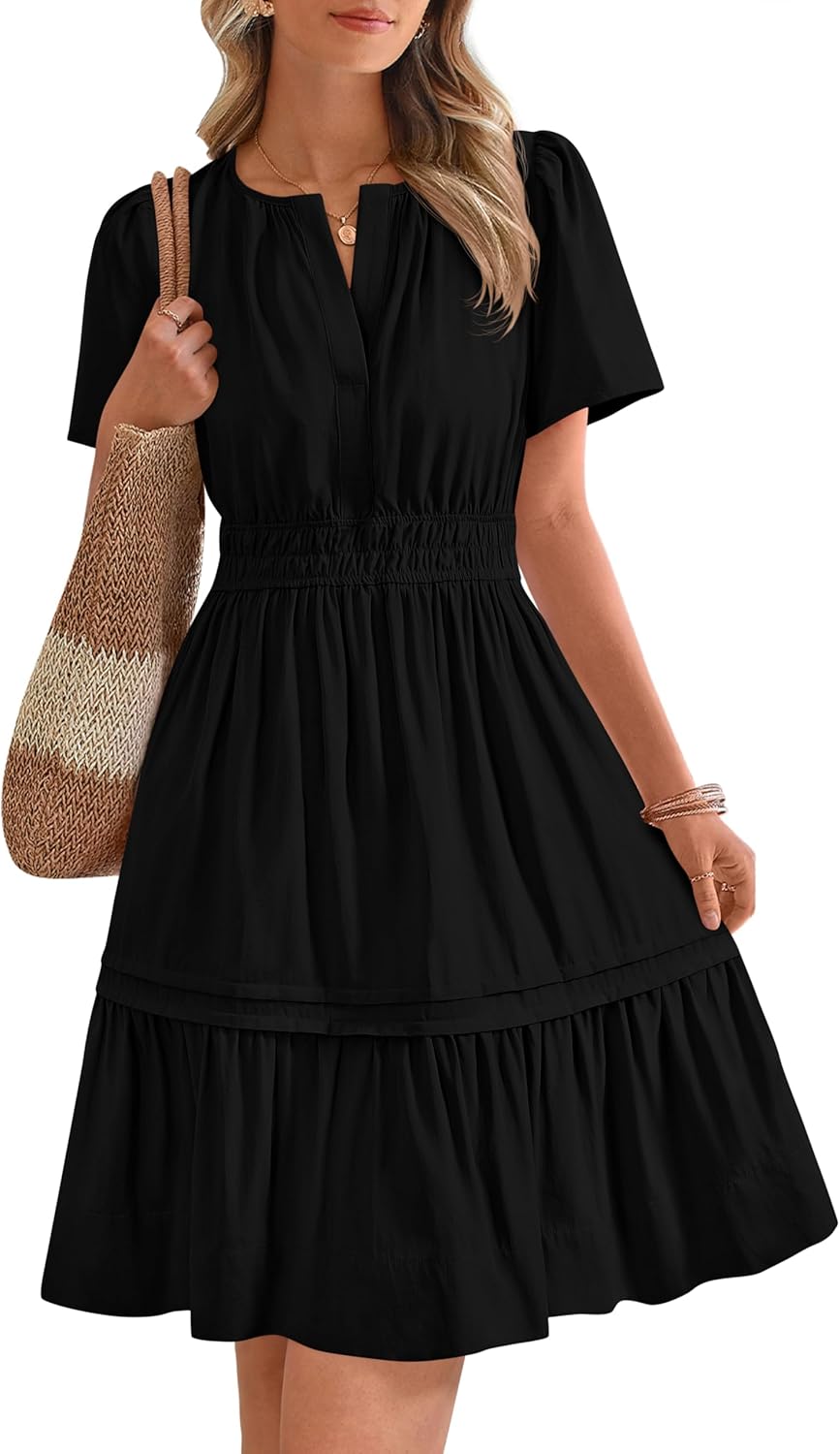 Women's Casual Dresses 2025 Summer Spring V Neck Short Sleeve Sundress Smocked Waist A Line Tiered Mini Dress