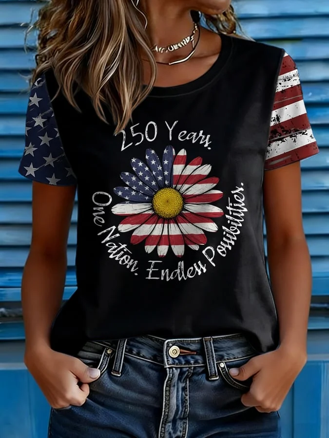 Women's Short Sleeve T-shirt Summer Black Independence Day (Flag) Printing Jersey Crew Neck Daily Going Out Casual Top