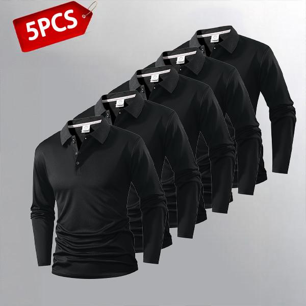 5-Piece Set Men's Long Sleeve Polos — Variety of Colors, Suitable for Everyday & Casual Wear Clothes Work White