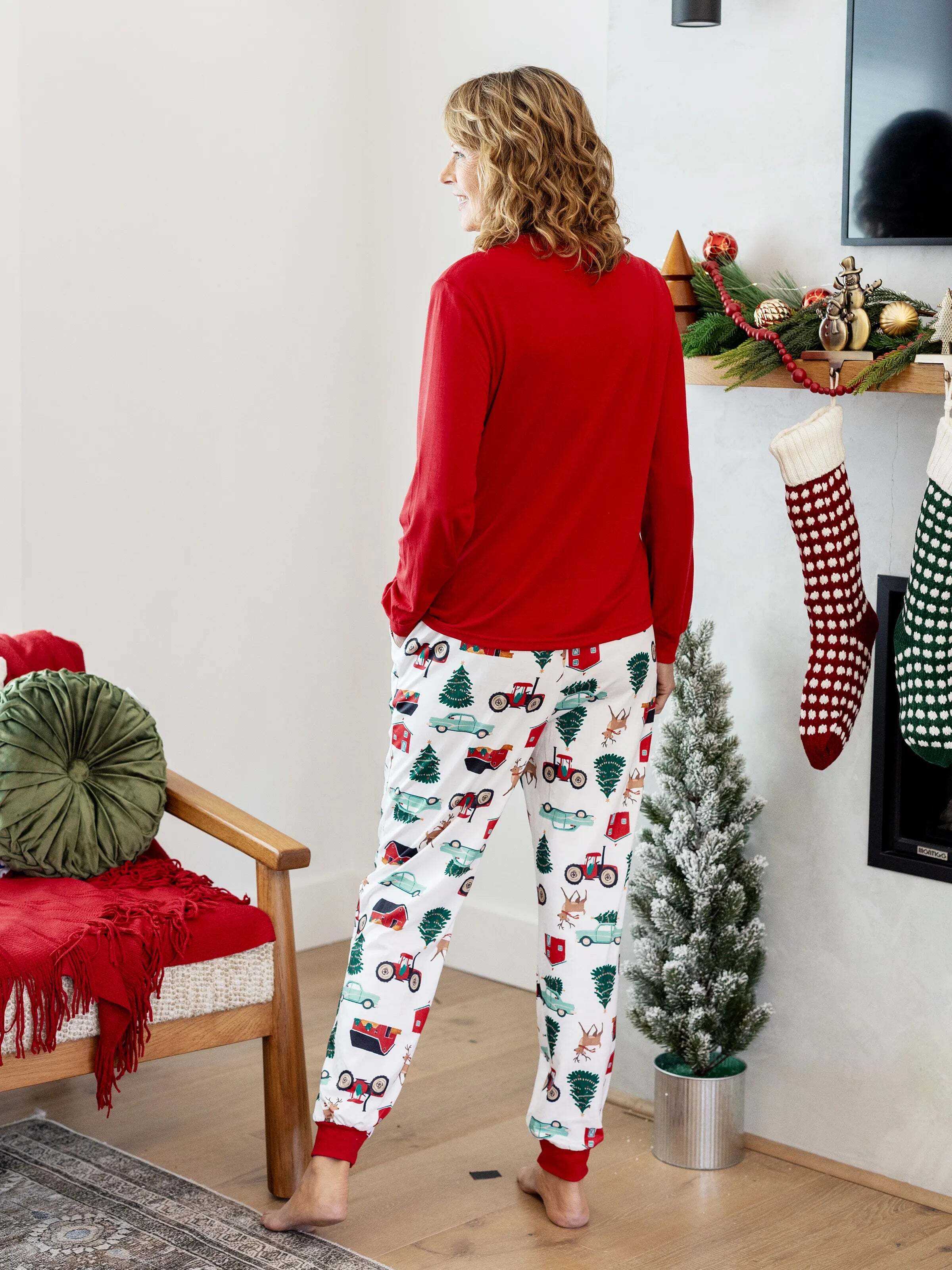 Christmas Matching Family Pajamas Set Reindeer and Car Print PJS with Christmas Socks Red