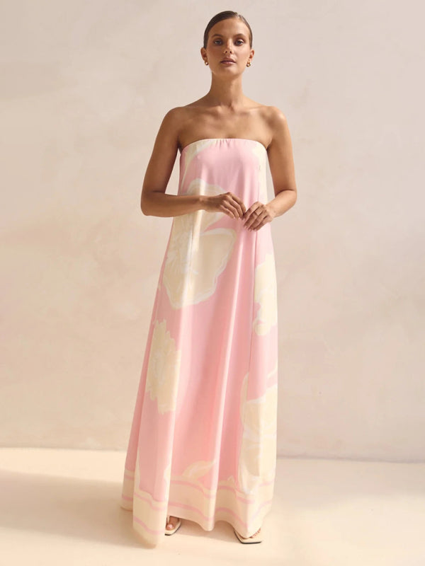 Sexy strapless off-shoulder pink printed dress