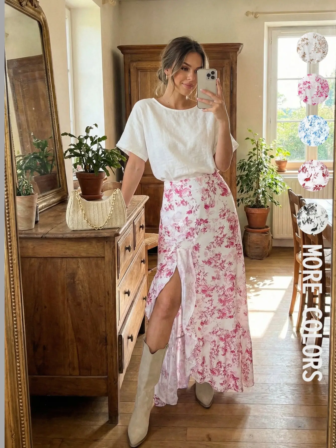 Bohemian Elegant Floral Print Irregular Ruffle A-Line Midi Skirt