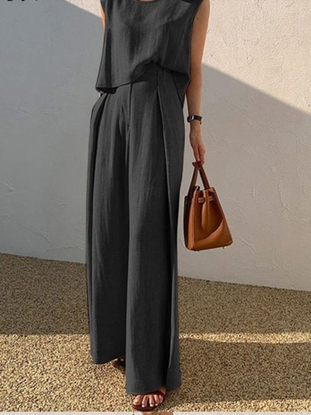 Crew Neck Plain Street Regular Fit Two-Piece Set