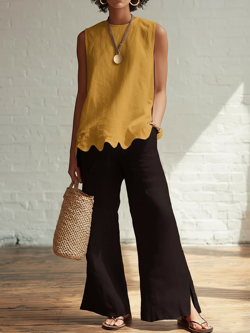 Elegant Minimalist Wavy Hem Shirt And Trousers Two-piece Set