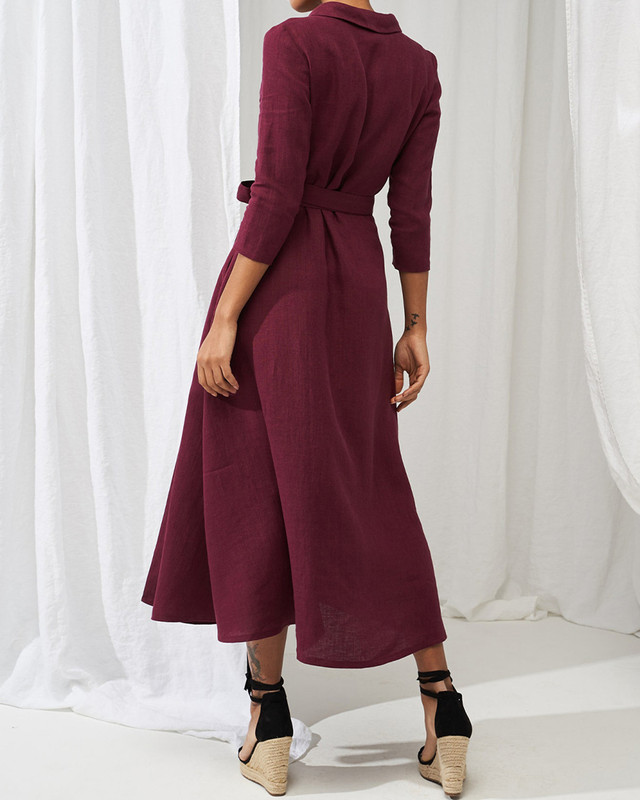Elegant Linen Tie Midi Dress eef0
