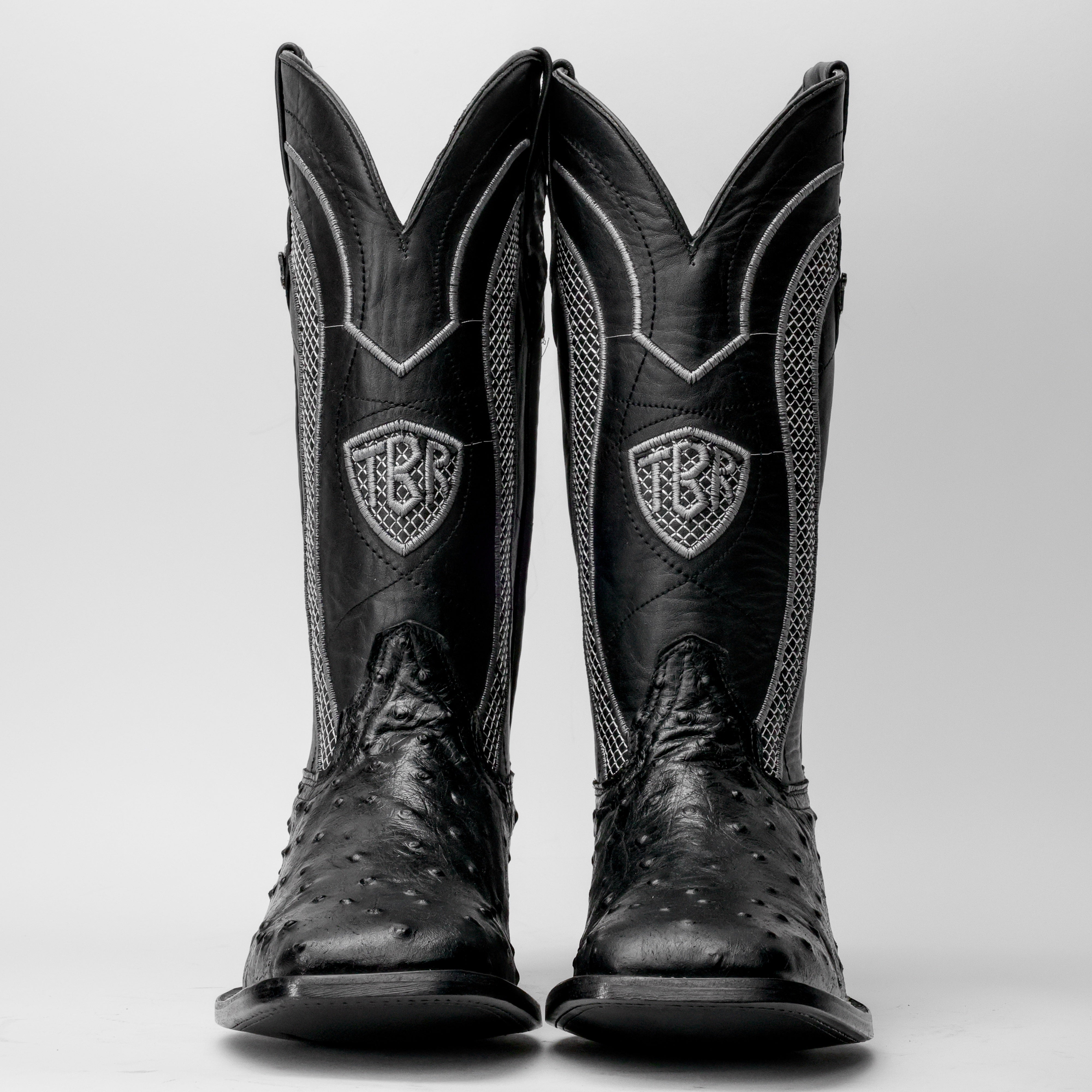 Black Ostrich Leather Boots - Square Toe
