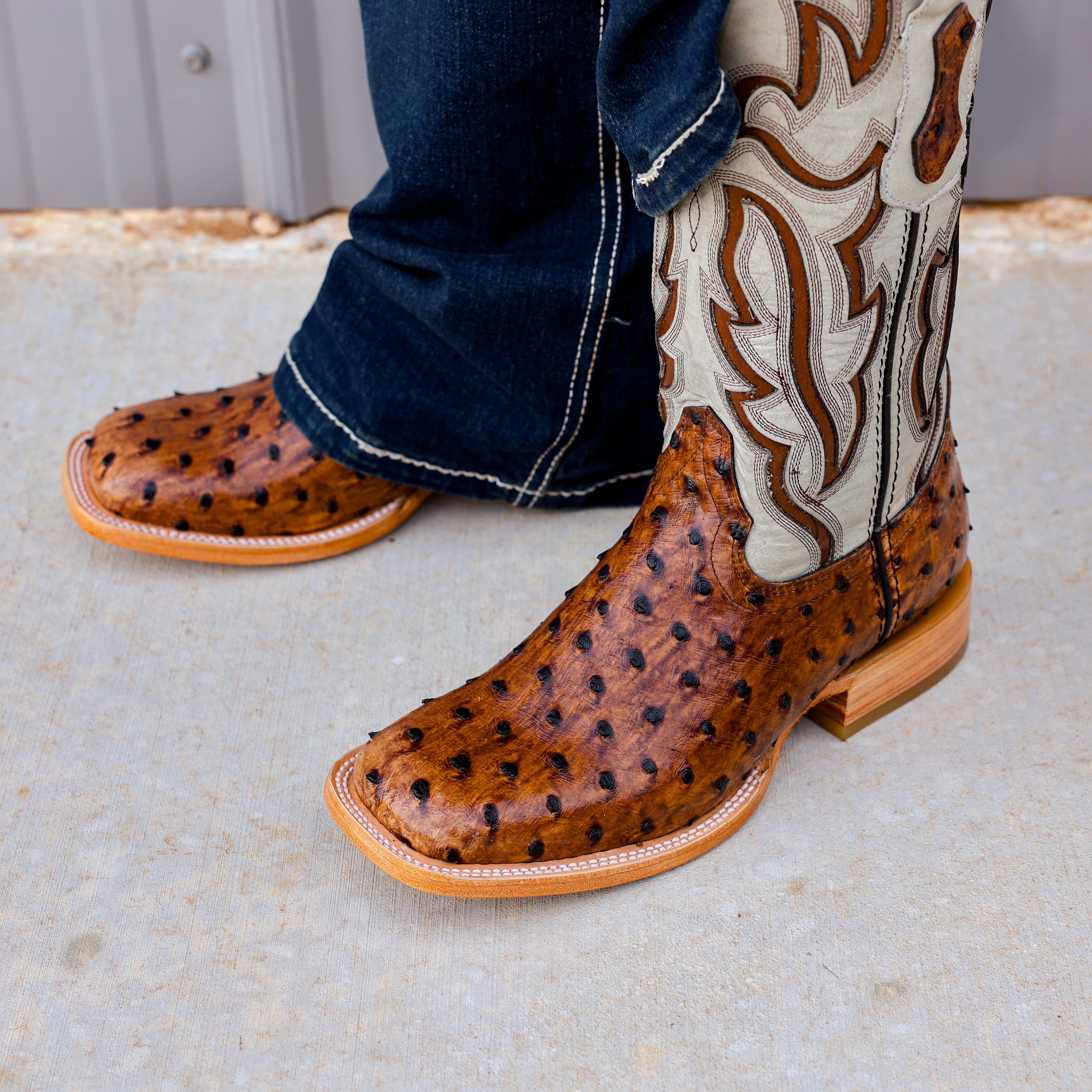Cognac Ostrich Leather Boots - Square Toe