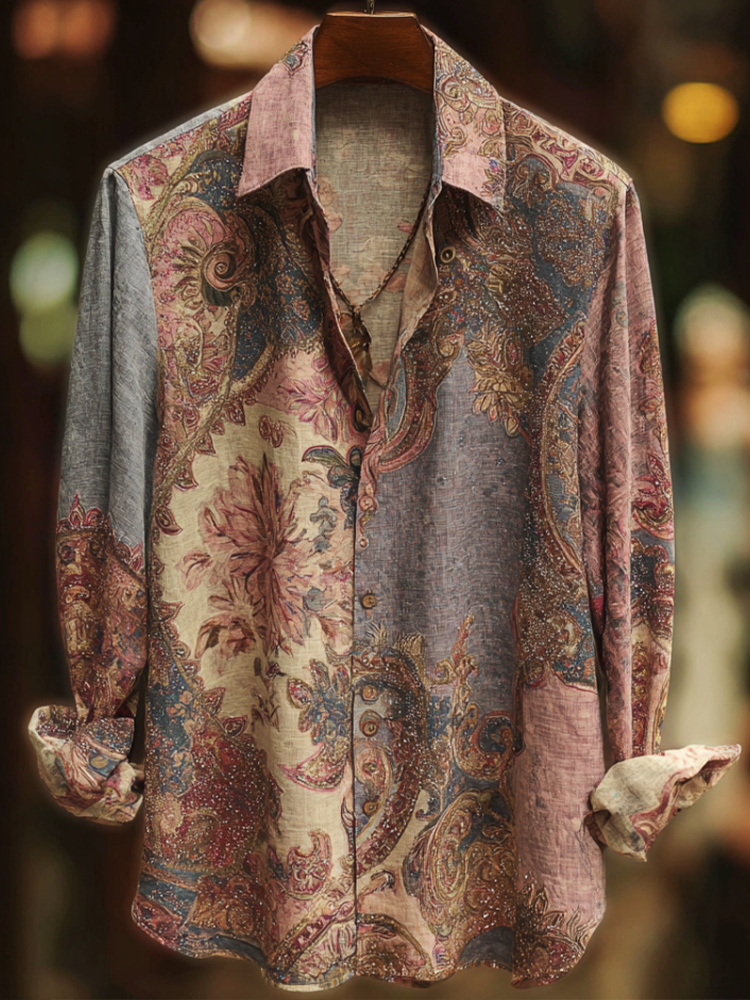 Bohemian Style Plant And Flower Pattern Men's Retro Cotton And Linen  Shirt