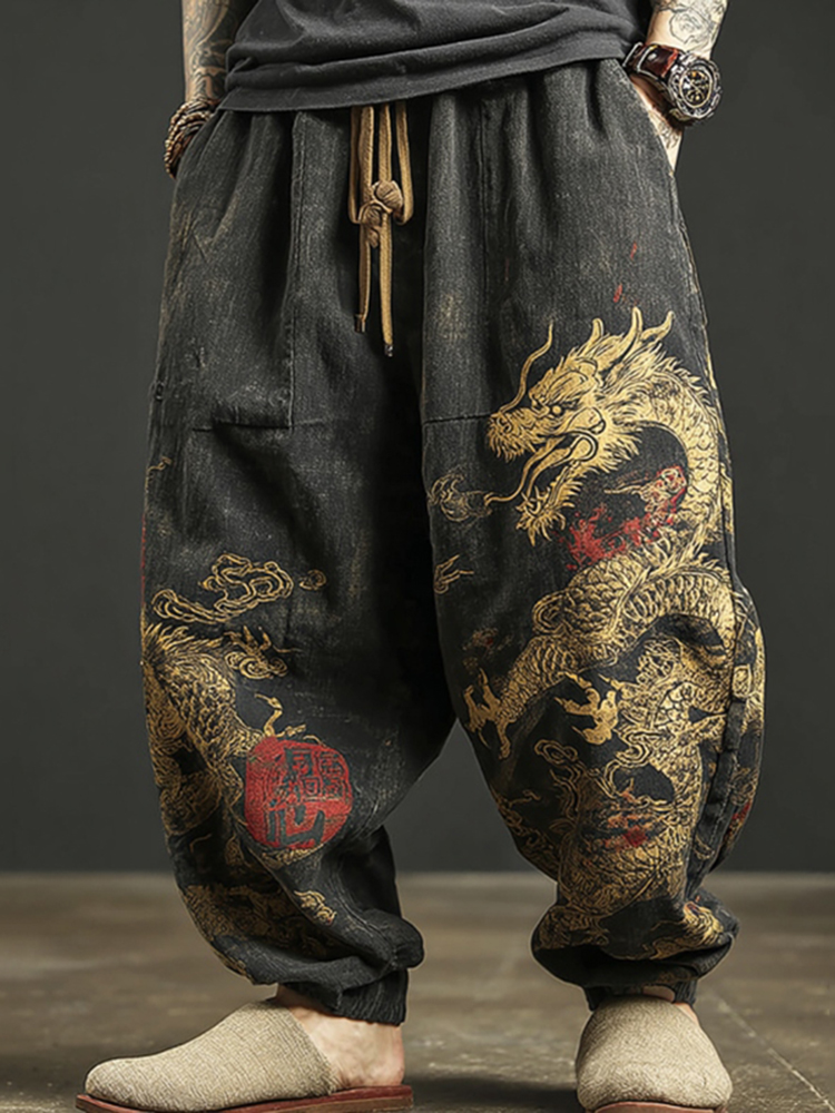 Men's Japanese Dragon Art Print Cuffed Pants