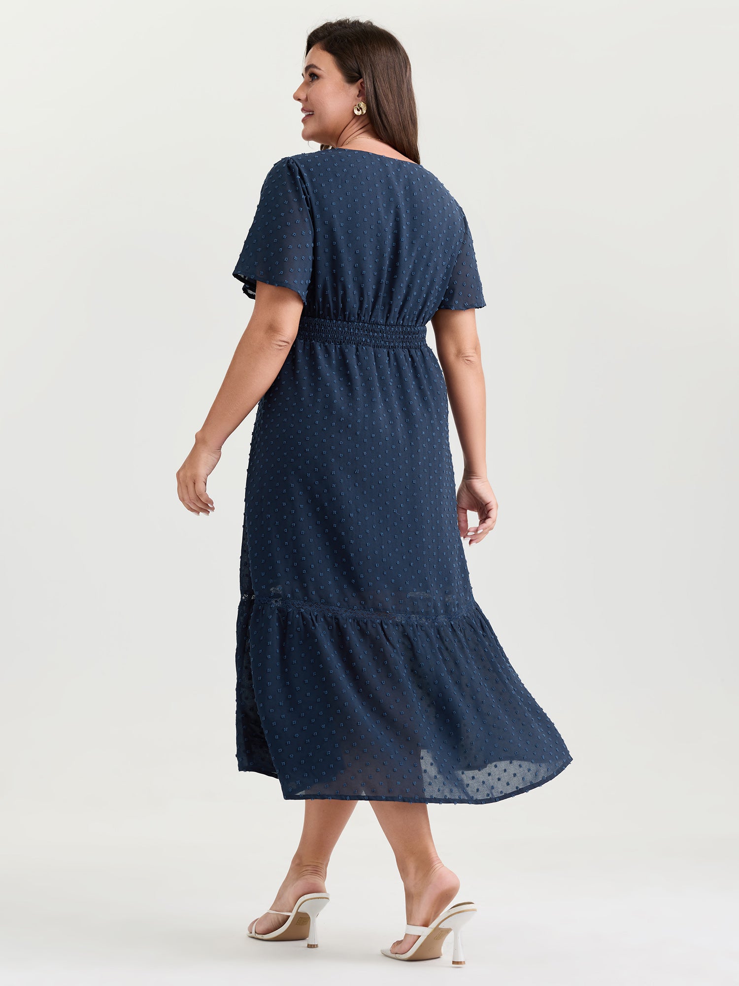 Textured Cinched-Waist V-Neck Midi Dress