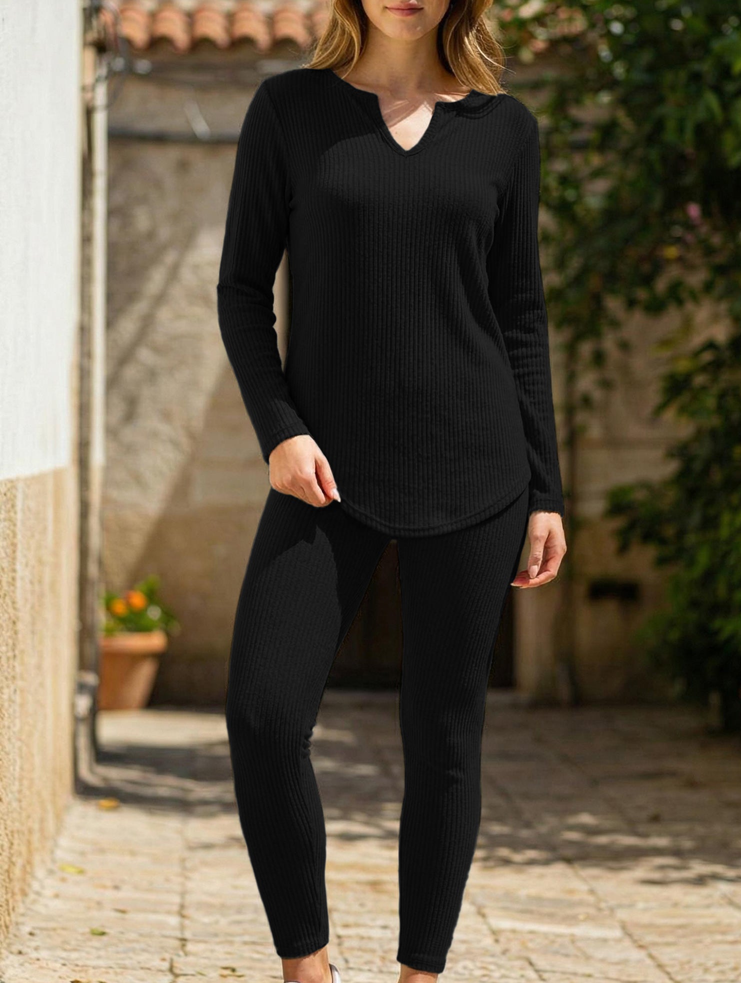 V-neck knit top and fitted trousers set for women_CWSS01460