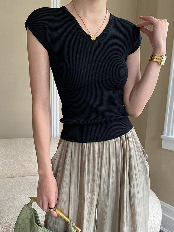 Solid Color Short Sleeves Skinny V-Neck T-Shirts