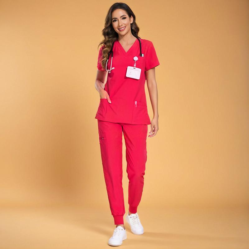 Women’s Stretch V-Neck Scrub Set (Top + Jogger Pants) – 8 Pocket Utility Uniform