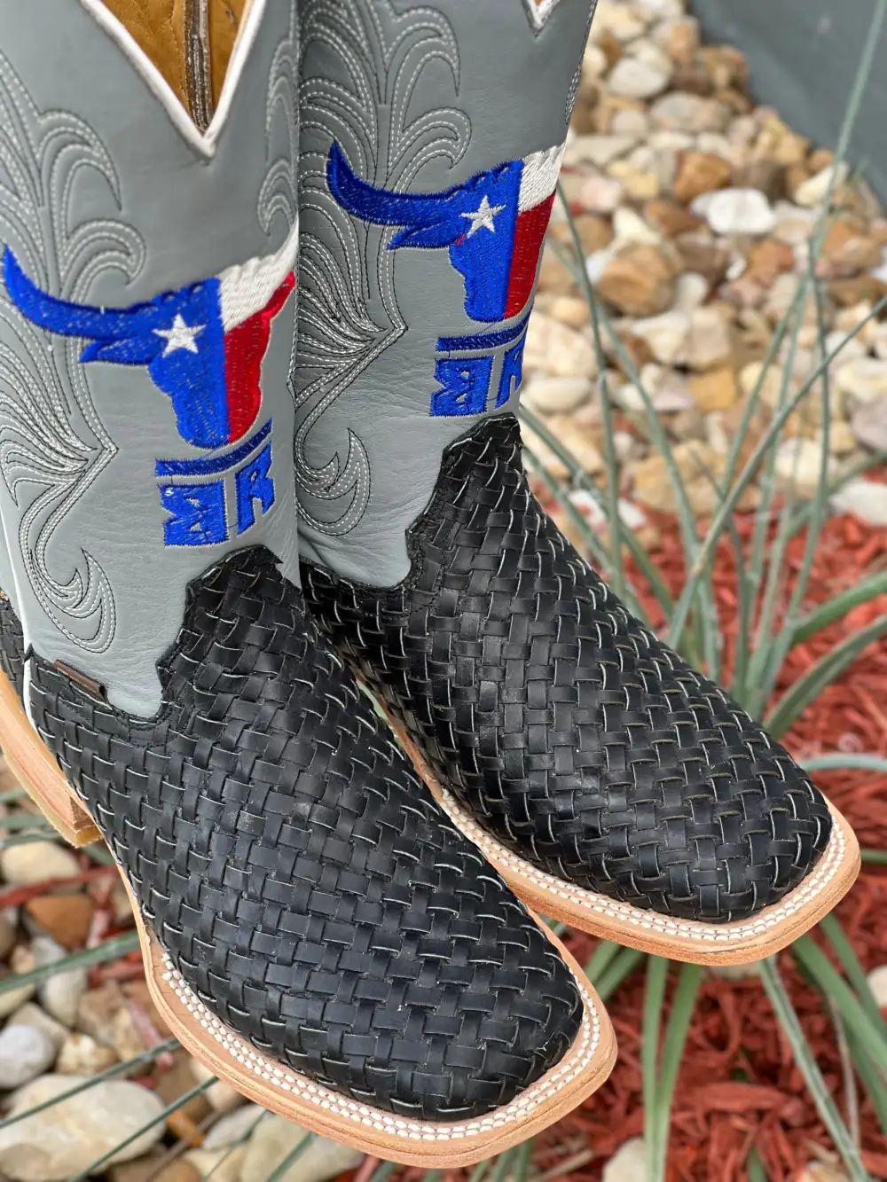 Men’s Black Basket Weave Leather Boots With Grey Shaft